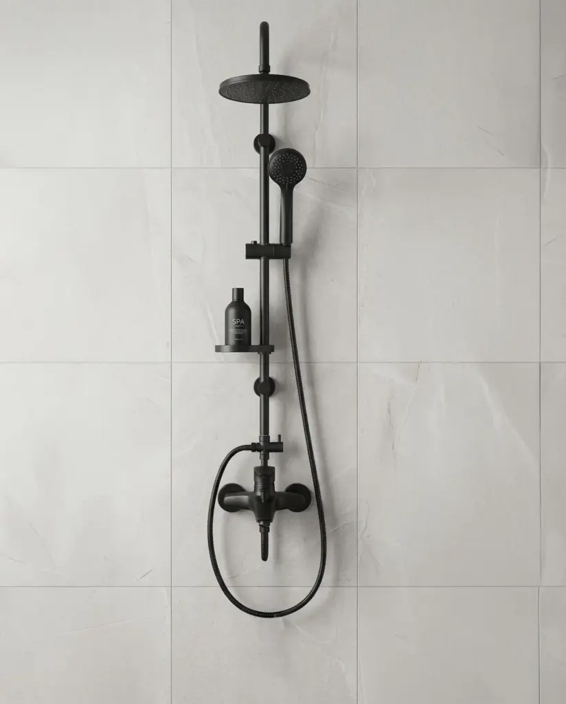 Sanitar Jet Black Bath Mixer and Grande Dual Shower in a modern bathroom